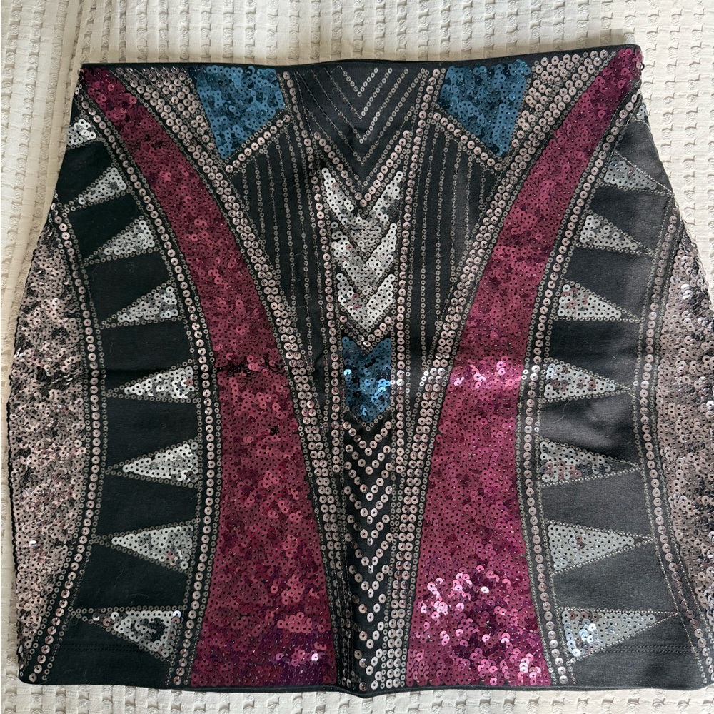 Express Red and Silver Sequin Embellished Mini Pencil Skirt